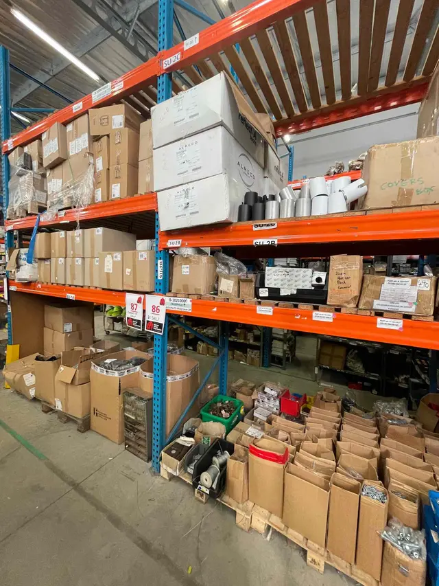 CONTENTS OF 2 SHELVES: NUTS, BOLTS, SCREWS, CLIPS, PLASTIC CONTROL COVER BOXES, LED IP SLEEVES, TERMINALS ETC