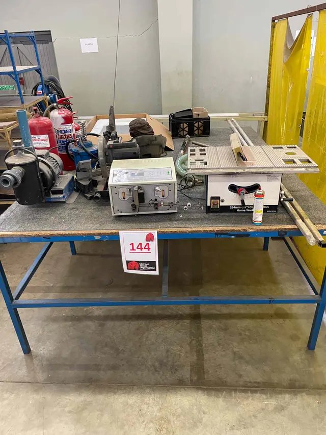 WORKTABLE & CONTENTS: WATERPUMP, CUTT OFF SAW, MITRE SAW, FIRE EXTINGUISERS, ETC