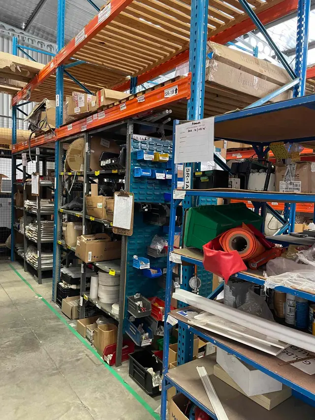 CONTENTS OF 4 SHELVES: HARDHATS, WELDING GLOVES, LED PINS, WASHERS, TERMINALS, CLIPS, ETC