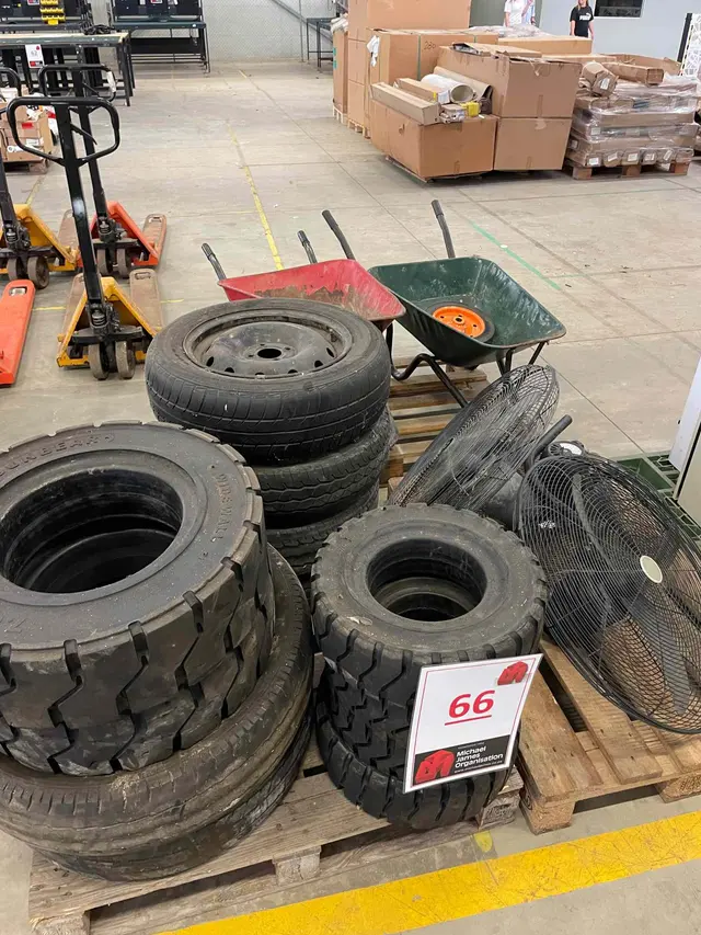 12 X VARIOUS VEHICLE & FORKLIFT TYRES, 2 X WHEELBARROW, 3 X FANS & 3 X MONITOR ENCLOSURES