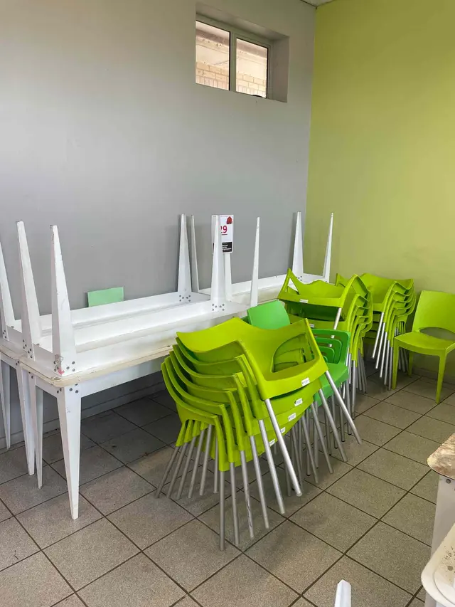 12 X WHITE STEEL TABLES & 22 X GREEN PLASTIC CHAIRS