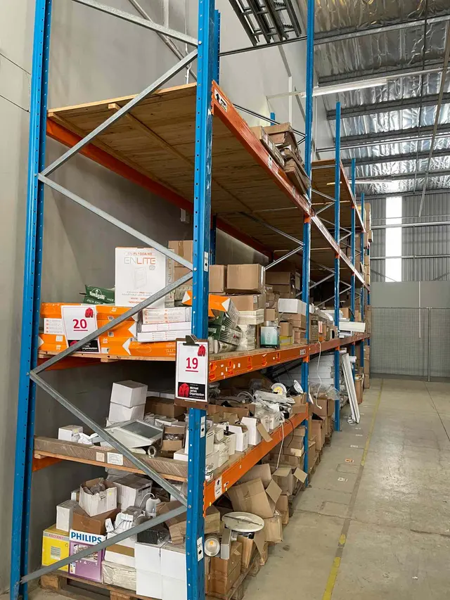 CONTENTS OF SHELF: BLACK WIRES,DIFFUSERS, LED 40W DOWNLIGHTS,  RCZ 228 - 002 WITH LAMPS,  HAND SANITIZER STAND, FLAT PANEL DIFFUSERS, LIGHT EYE SPOT MAX LIGHTS, ETC