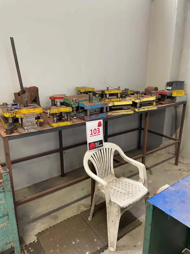STEEL TABLE WITH QTY MOULDS & 2 X STEEL BINS
