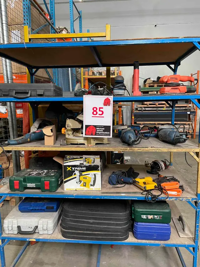 SHELF AND CONTENTS; BOSCH GRINDERS, HILTI DRILLS, RYOBI METRE SAW, RYOBI POLISHER, BLACK & DECKER SANDER, SANDERS, POPPER, EXTREME BENCH GRINDER, VARIOUS SIZE ANGLE GRINDERS, 2 X SANDERS, 7 X TOOL CASES ETC