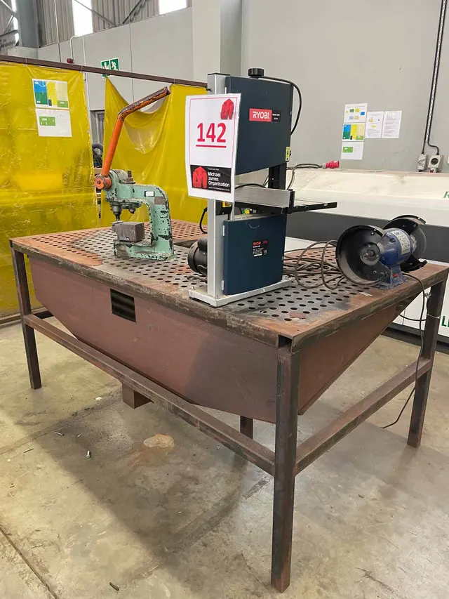 STEEL WORKTABLE WITH VARIOUS TOOLS, RYOBI BAND SAW BS-230, GRINDER SBG-200TL, MANUAL PRESS & KINSING WIRE & CUTTING MACHINE, ETC