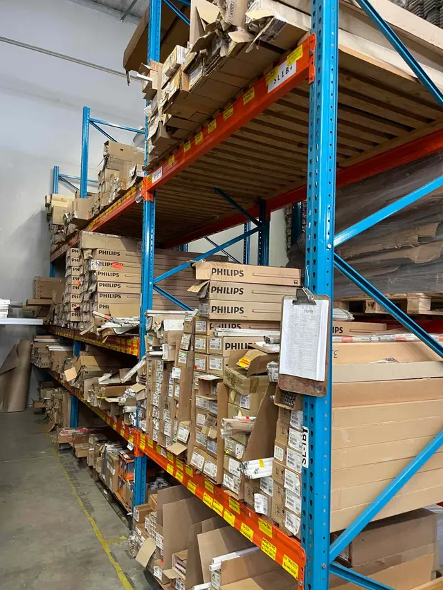 CONTENTS OF 2 SHELVES: LARGE QTY LIGHTS & DIFFUSERS, VARIOUS SIZE & MAKE FLURESCENT LIGHTS & BULBS, LIGHT PLASTIC COVERS & BASES, ETC