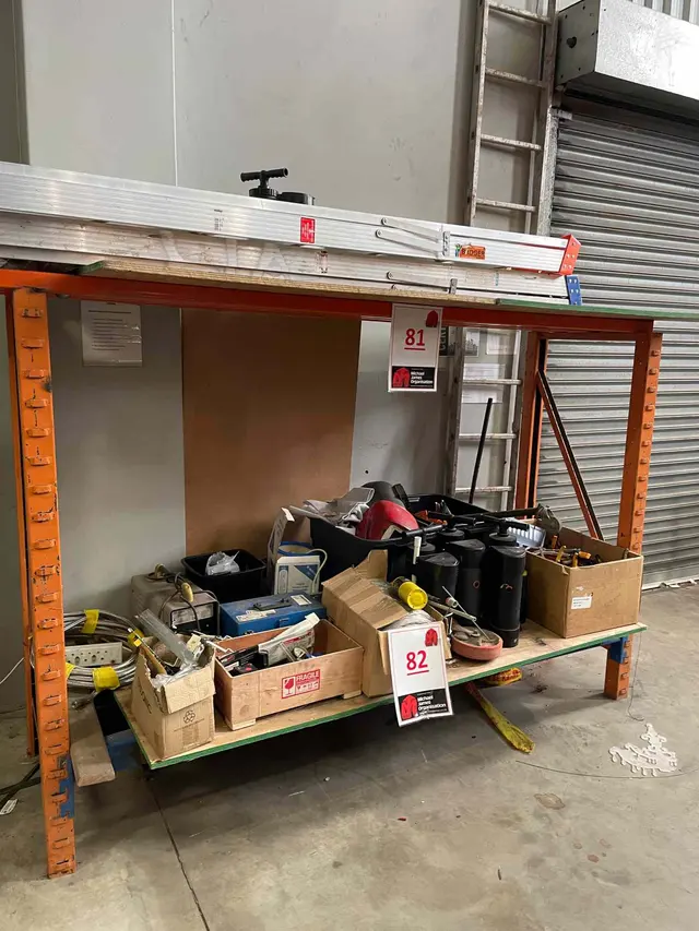 CONTENTS ON THIS SHELF ONLY: 2 X LADDERS, POP RIVIT GUNS, WELDING HELMETS, WIRE MATES, LEAD LIGHT ROLLS, PRESSURE INLETS, INVERTERS, ETC