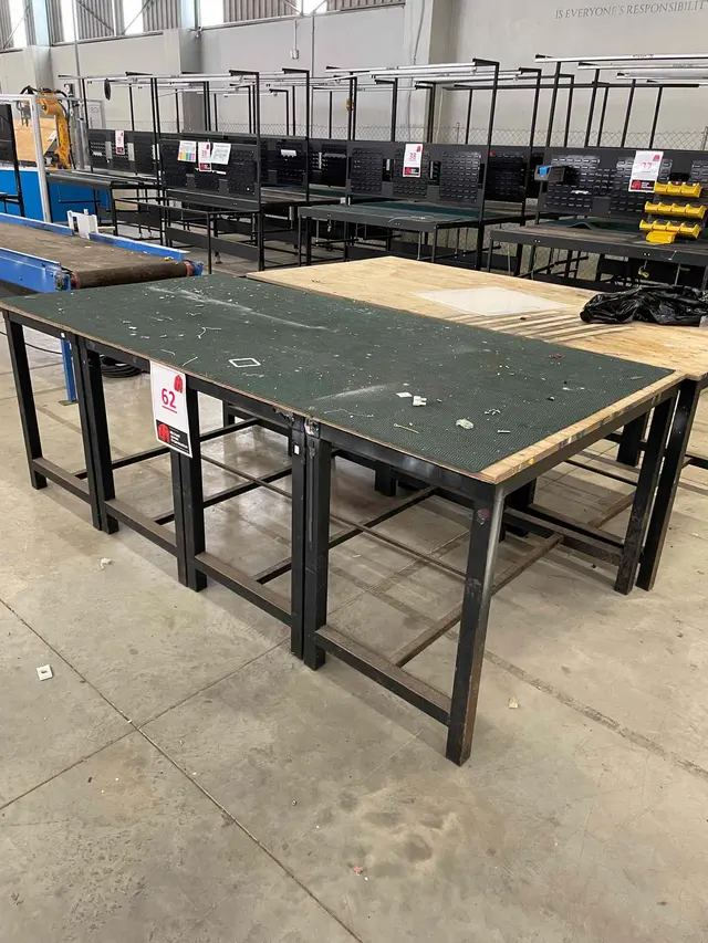 2 X LARGE WOODEN WORK TABLES & 2 STEEL SHELVING UNITS