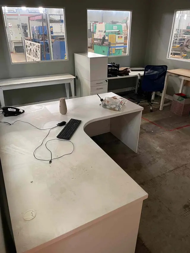CONTENTS OF OFFICE: DESKS, TABLES, CREDENZA, CHAIR, FILING TRAYS, ETC