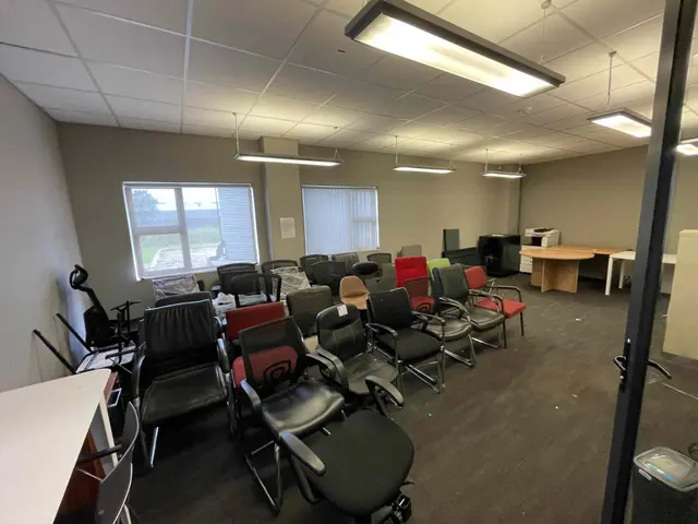 CONTENTS OF OFFICE: QTY OFFICE CHAIRS, 3 DOOR STATIONARY CUPBOARD, 2 X PEDESTALS, DESK, SLIDING DOOR, CREDENZA, SHELVING UNIT, ROUND TABLE,  SOLID TABLE, SERVER CABINET, CANON PRINTER, DEVIDER PANELS, 2 X DUST BINS ETC