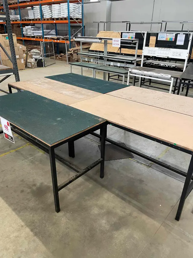 5 X STEEL WOODEN TOP TABLES