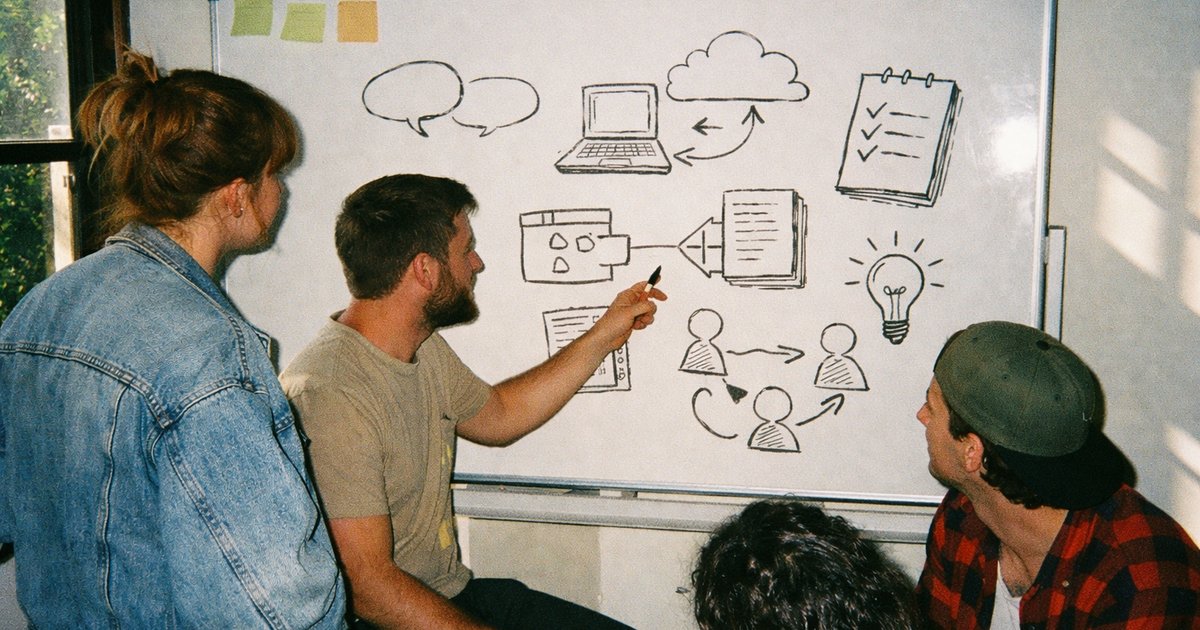 Team brainstorming in a vibrant tech startup, showcasing collaboration tools in a retro 90s film aesthetic.