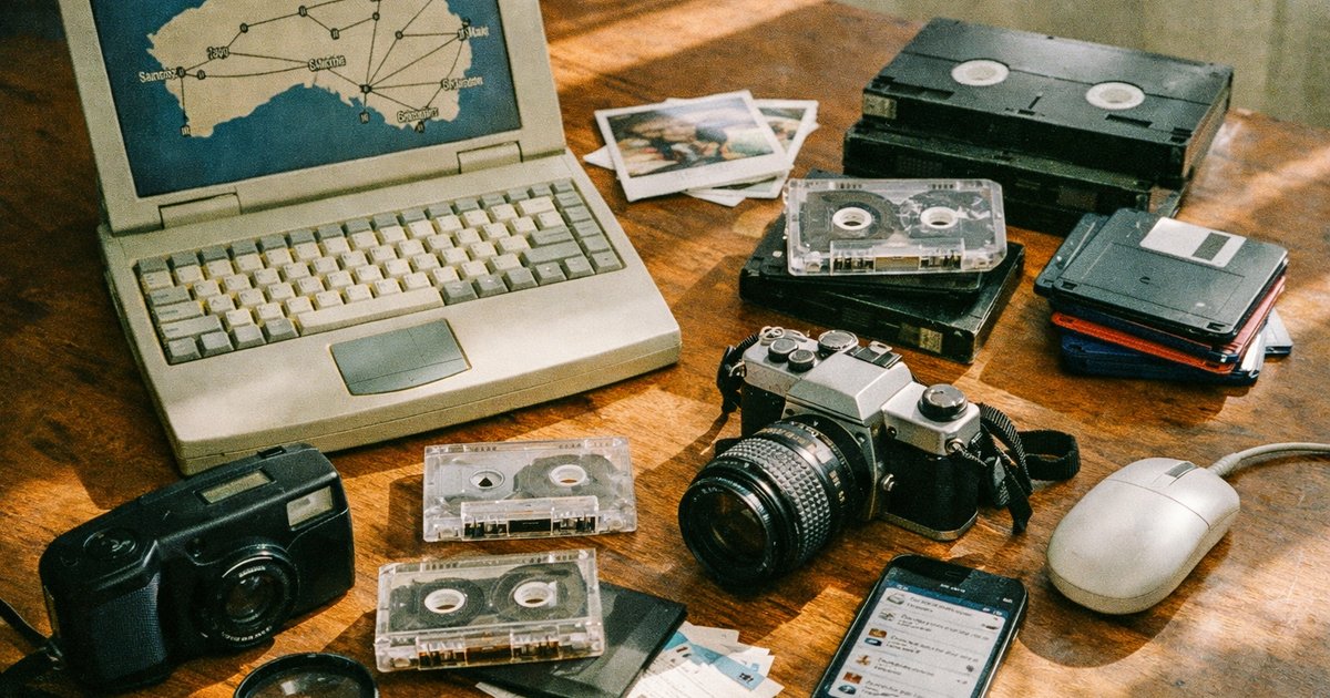 Group of diverse professionals networking in a vibrant tech startup setting, evoking a nostalgic 90s film aesthetic.