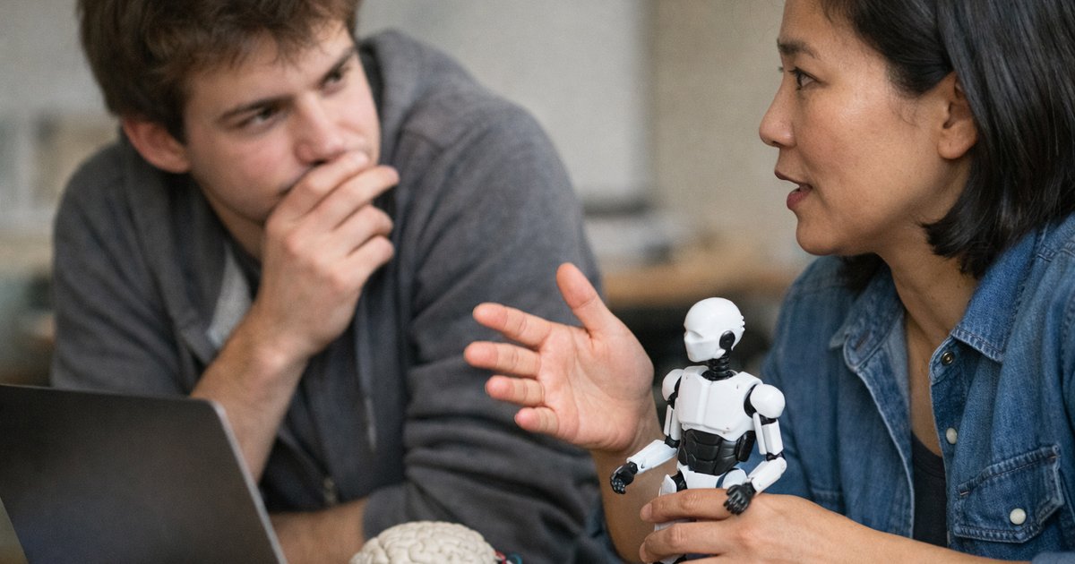 Close-up of two coworkers discussing general artificial intelligence concepts over a laptop in a candid office moment