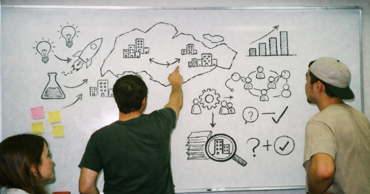 Diverse group of entrepreneurs discussing ideas in a vibrant 90s film-inspired tech workspace.