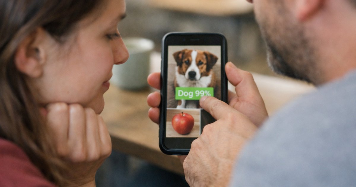 Close-up of a woman using an AI chatbot on her phone while a friend watches