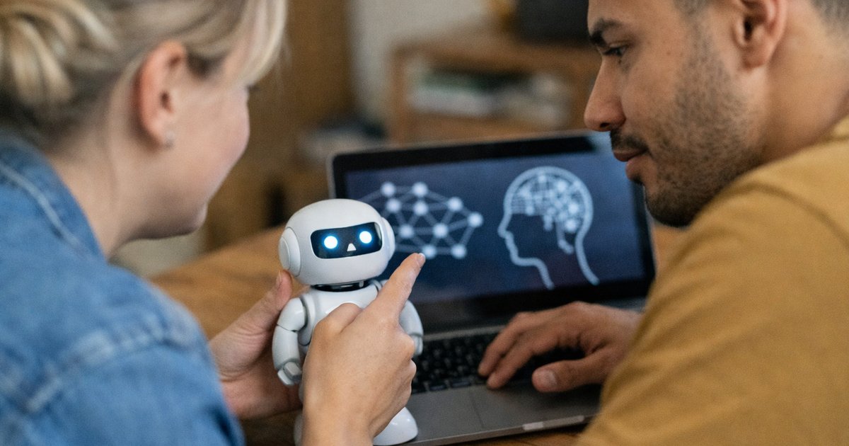 Close-up of coworkers reviewing an AI agent workflow on a laptop during a