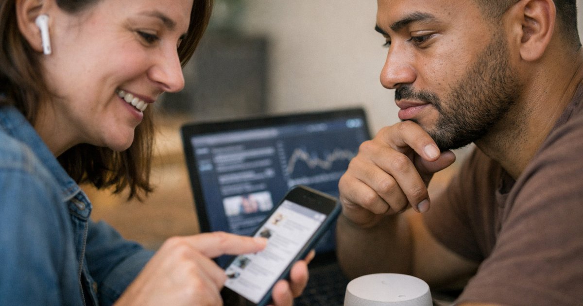 Close-up of coworkers using an AI assistant on a laptop for everyday work tasks and decision support
