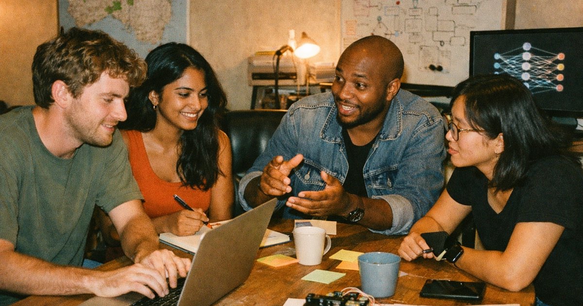 Team collaborating around a laptop with AI diagrams