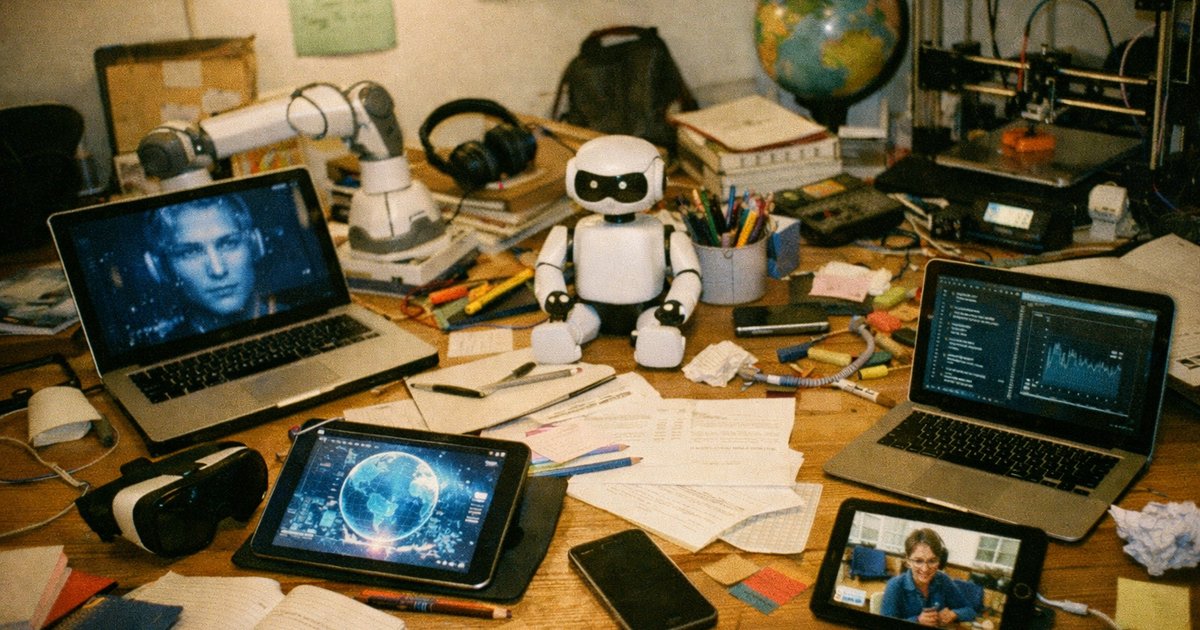 People collaborating in a retro tech startup setting, reflecting modern education's evolution and future impact.