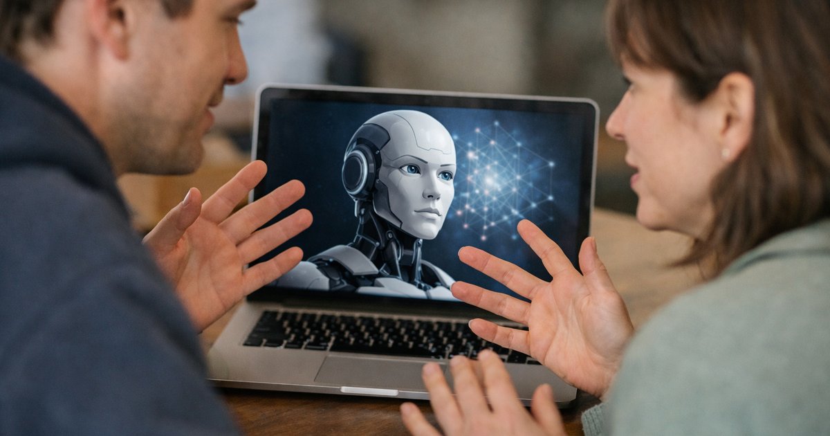 Abstract illustration of a human silhouette and AI interface elements representing the idea of artificial general intelligence