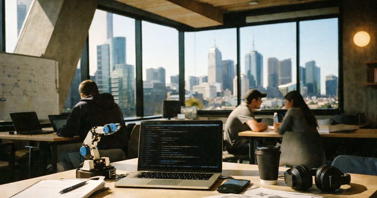 Tech enthusiasts collaborate in a vibrant 90s film aesthetic, showcasing AI learning and community in Melbourne.