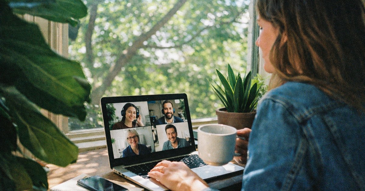 Group of professionals collaborating in a trendy tech workspace with a retro 90s film aesthetic.