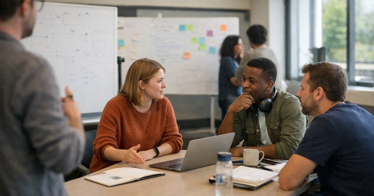 Team mapping next steps for an AI project on a whiteboard with laptops and