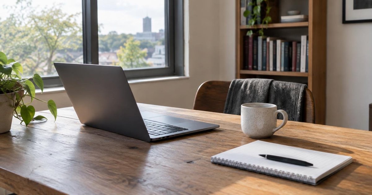 Laptop, coffee cup and open notebook on a desk