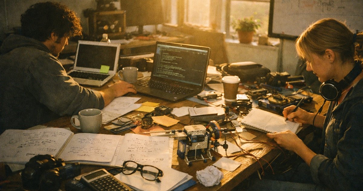 Group of diverse professionals collaborating in a retro tech startup environment, showcasing coding and maths skills.