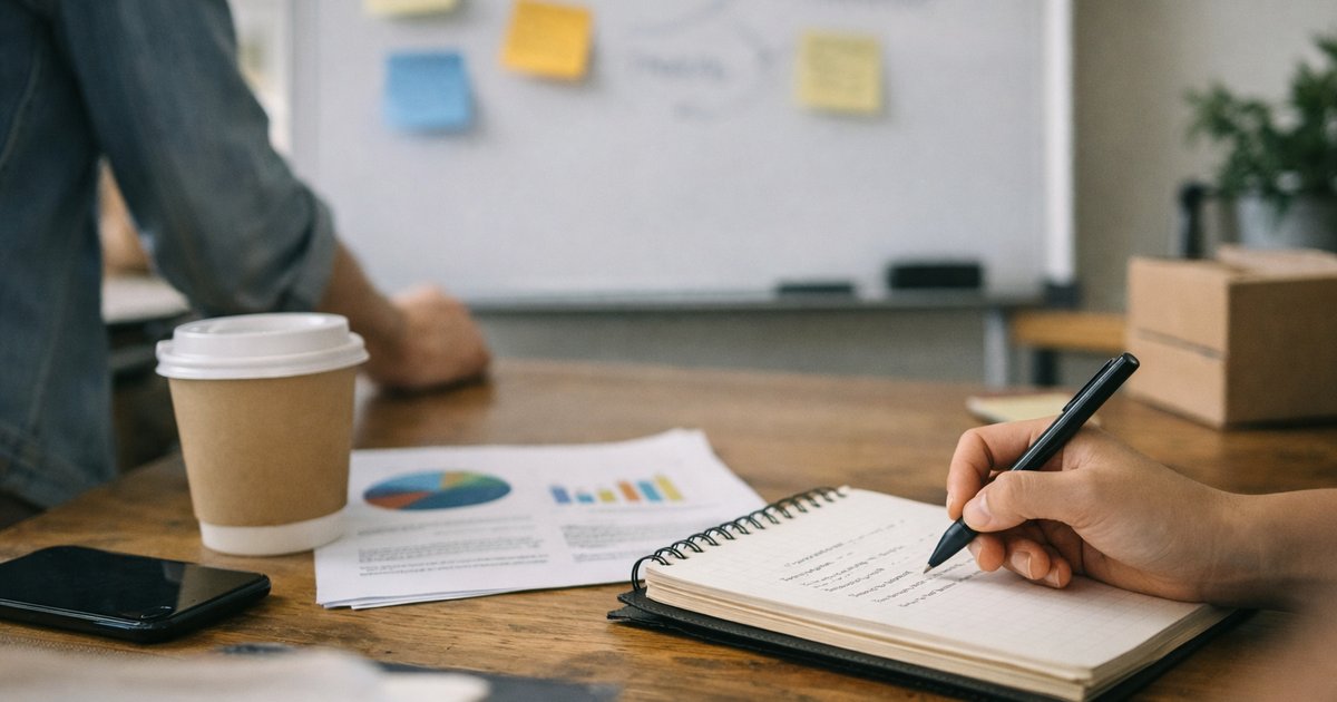 Hand beside a notebook outlining a business idea with rough notes, calculator and coffee on a cluttered desk