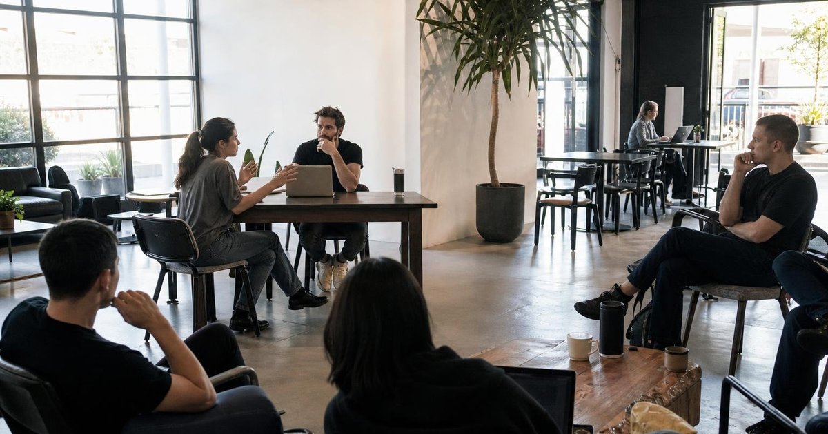Startup founders in a candid peer workshop reviewing growth plans and next business decisions