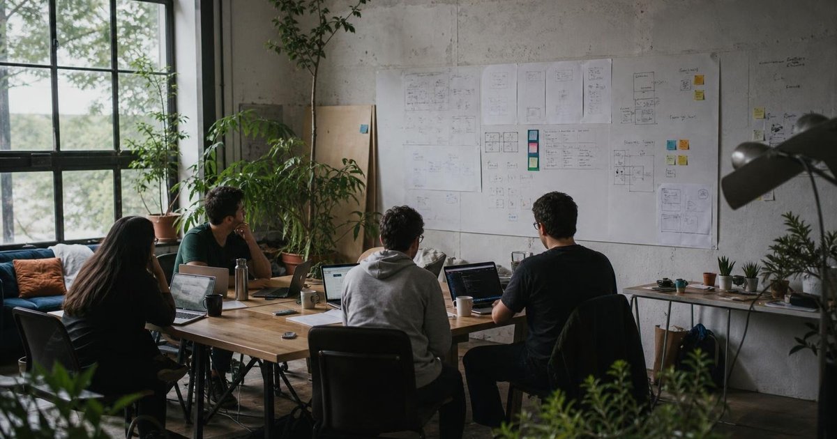 AI workshop table with notebooks, prototype screens, and whiteboard sketches in a shared campus workspace