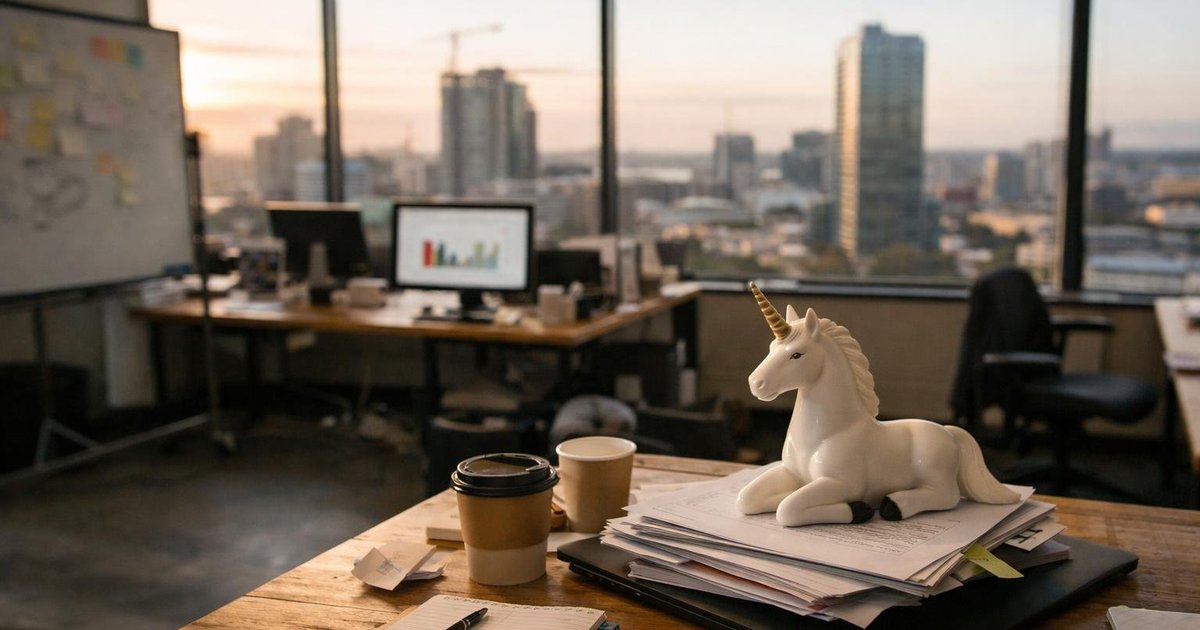 Startup office desk with funding notes and laptop in a candid workspace scene on
