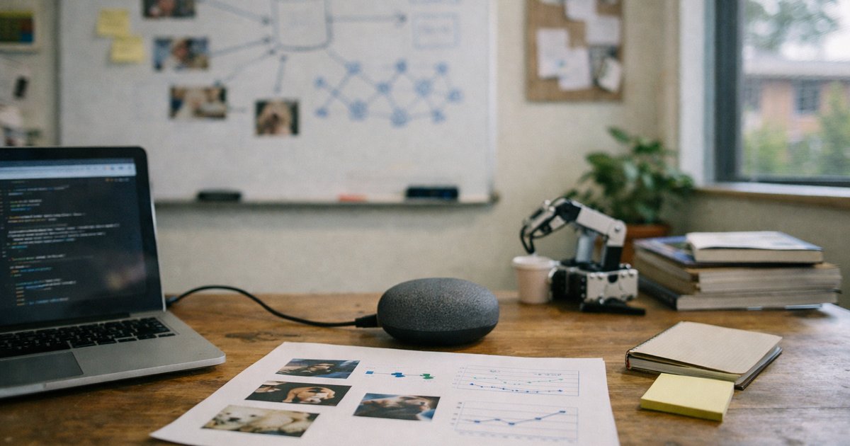 Desk with notes linking data, patterns, and outputs beside a laptop, explaining how