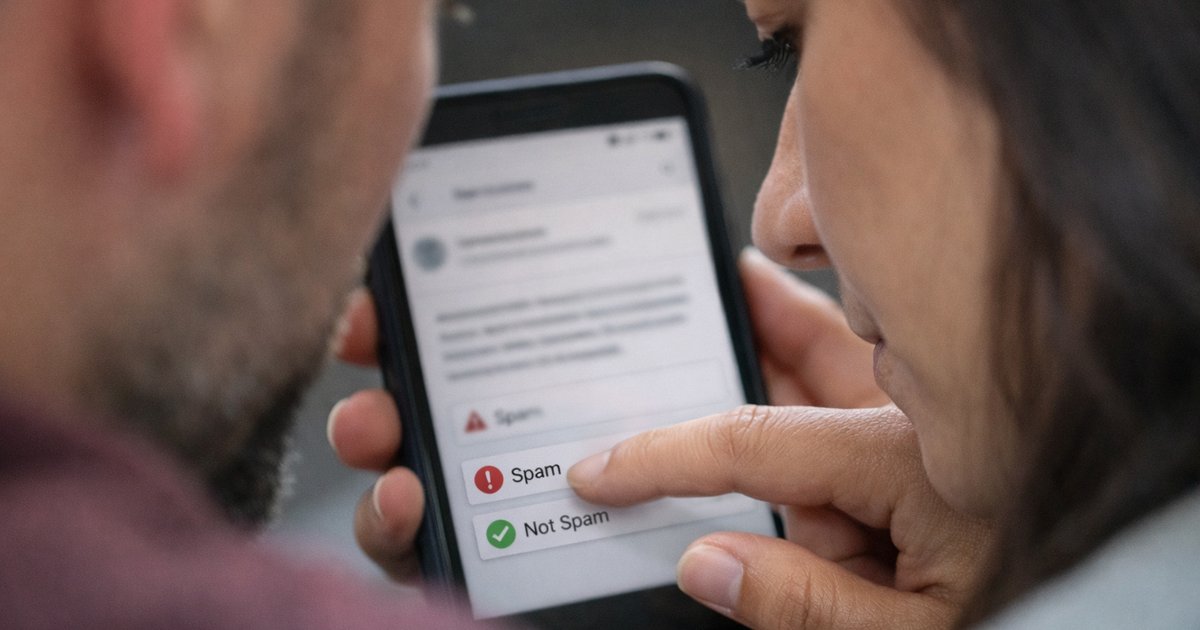 Ultra-close candid of a person checking a spam email alert on phone, illustrating AI inference in action