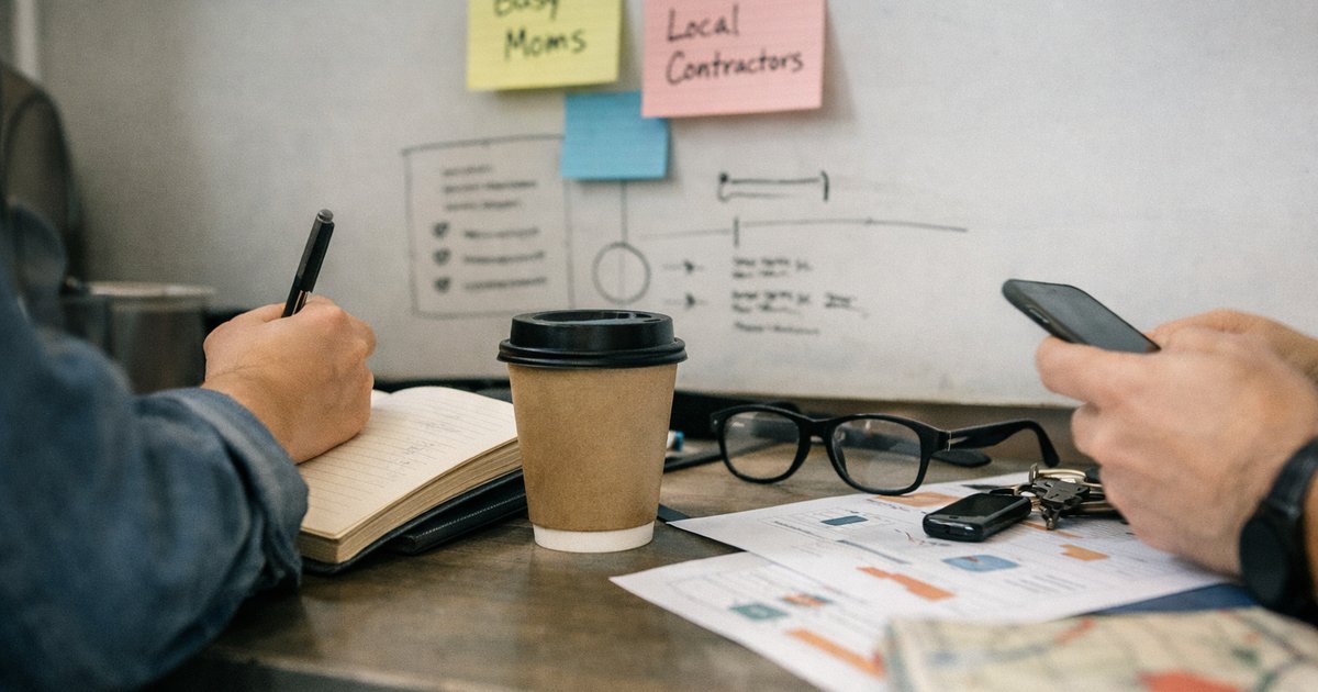 Hand marking a niche customer segment on a whiteboard beside notes, coffee cup, and startup desk clutter