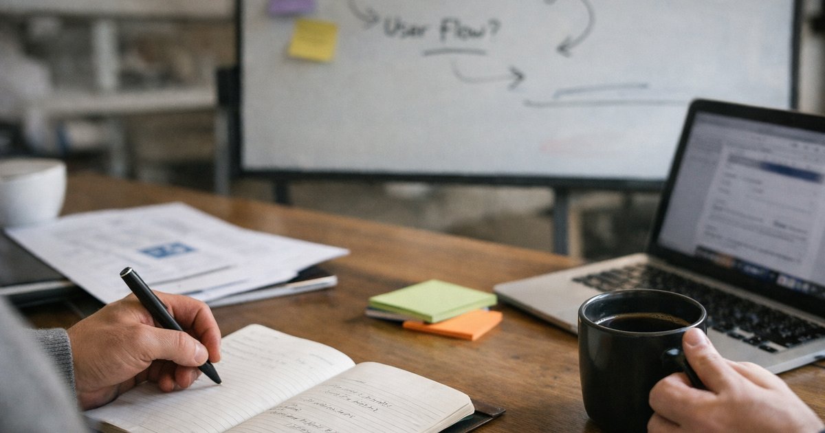 Notebook checklist beside laptop and whiteboard notes outlining AI use case and data plan