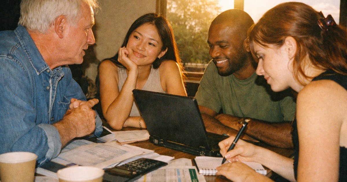 Group of diverse entrepreneurs collaborate in a 90s-inspired tech startup environment, discussing funding options.