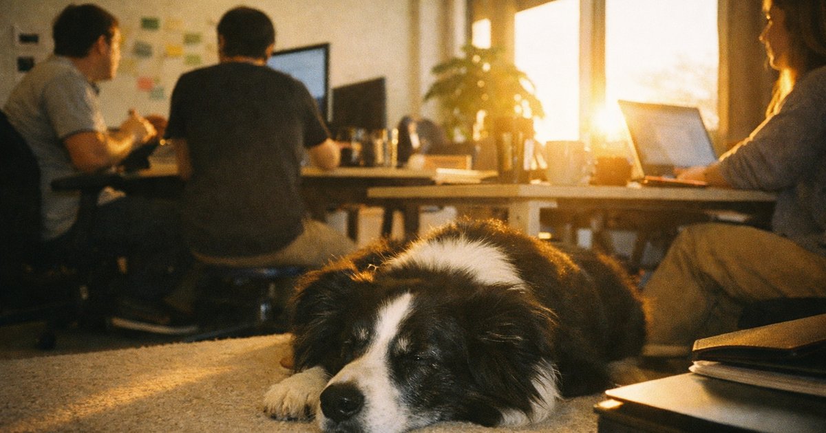 Nostalgic 90s film-style scene featuring diverse professionals collaborating in a tech startup environment.