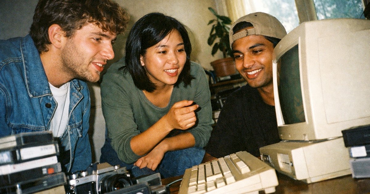 Tech entrepreneurs collaborating in a vibrant 90s-inspired startup workspace, embodying innovation and creativity.