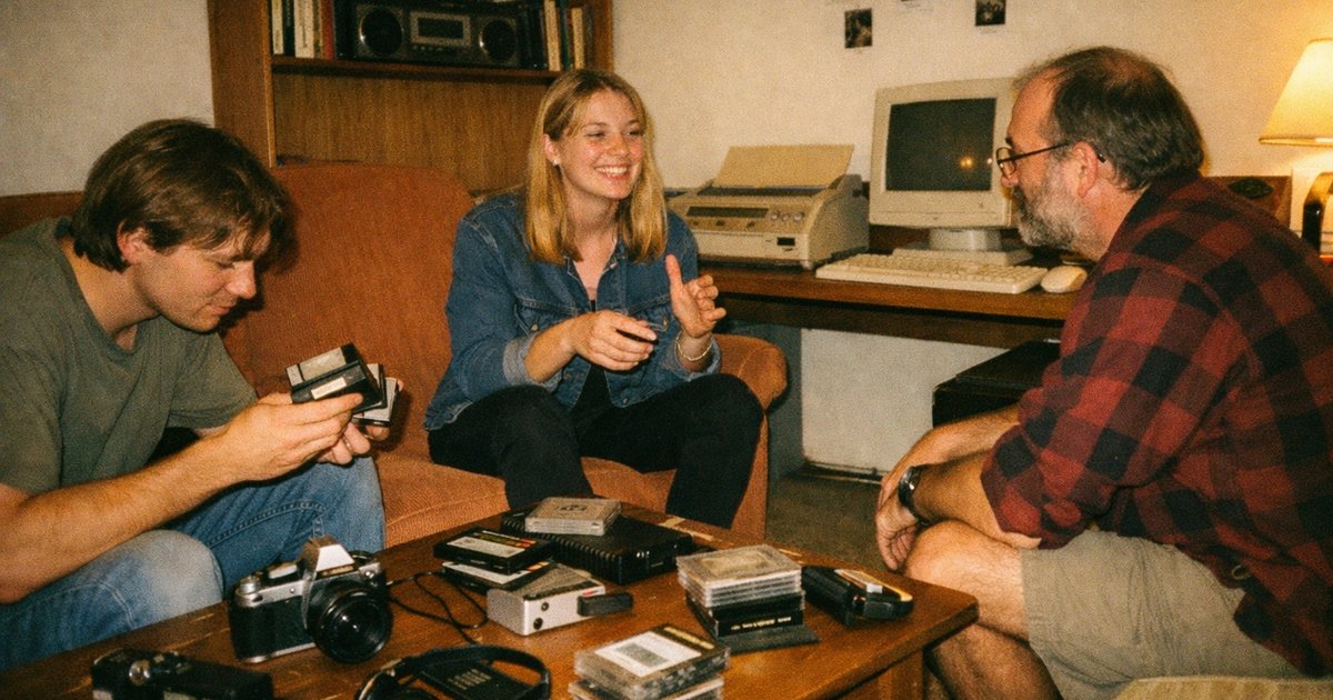 Group of diverse individuals collaborating in a vibrant tech workspace, capturing 90s film nostalgia.