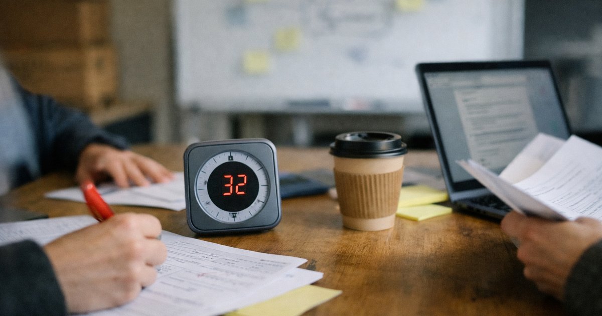 Notebook with one workflow circled beside buyer notes and coffee cup on a cluttered desk