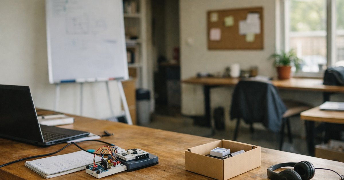 Prototype on a workshop desk beside a simple signup sheet, showing a test