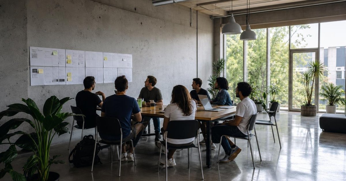 Startup founders reviewing growth metrics and funding milestones during a casual team meeting