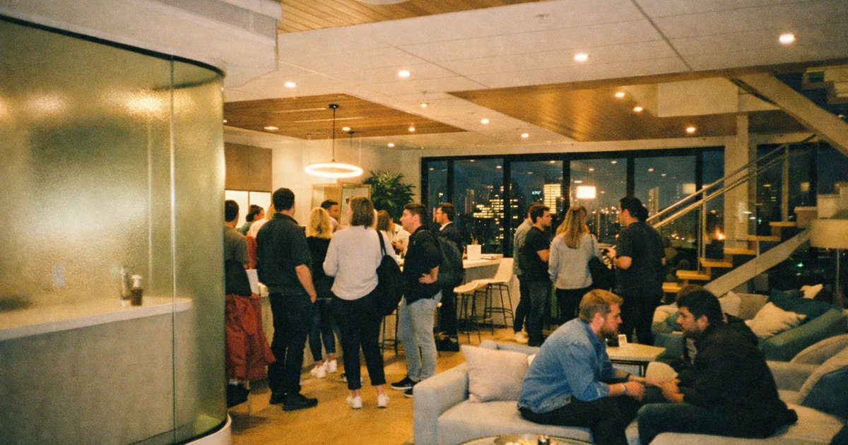 A vibrant 90s film-style scene with diverse Australian founders collaborating in a tech startup environment.