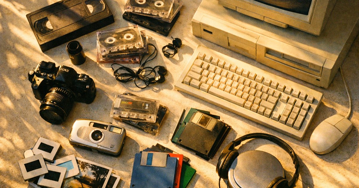 People collaborating in a vibrant tech startup, styled with a nostalgic 90s film aesthetic.