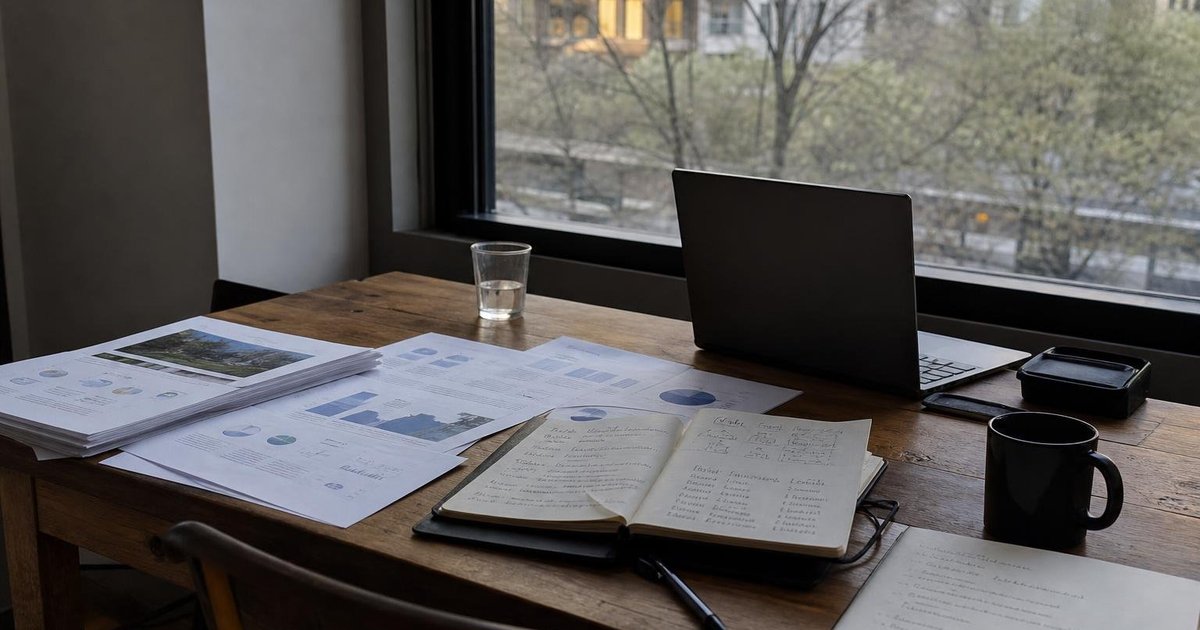 Investor desk with startup pitch deck, customer notes, and a handwritten diligence decision log