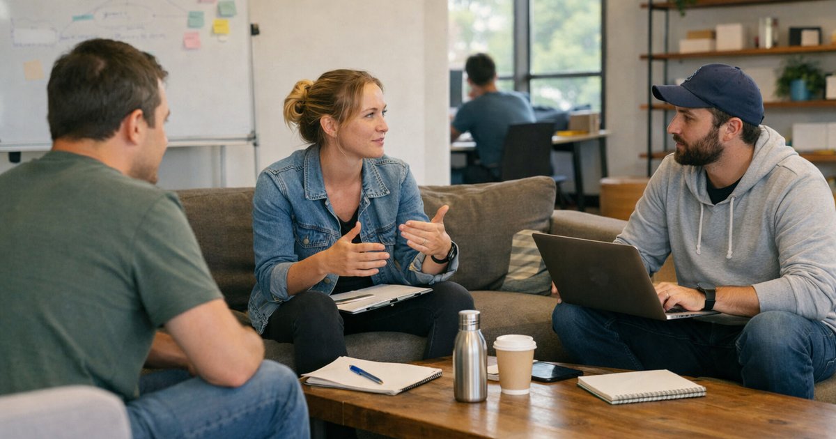 Team gathered around a whiteboard narrowing go-to-market priorities, pricing, and customer focus in
