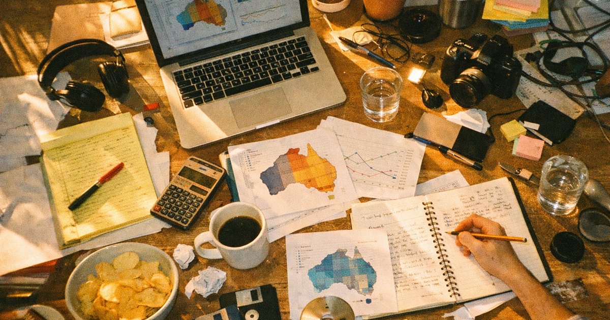 Creative team collaborating in a tech startup, surrounded by laptops and Australian datasets in a vibrant, 90s film style.